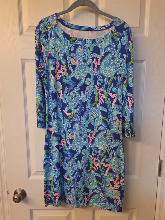 Lilly Pulitzer Dresses & Skirts - Lilly Pulitzer Blue Shift Dress with Pink & Aqua Accents with Gold Tone Buttons